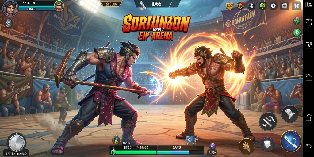 Screenshot ID66 menampilkan pertarungan intens di arena yang dinamis.