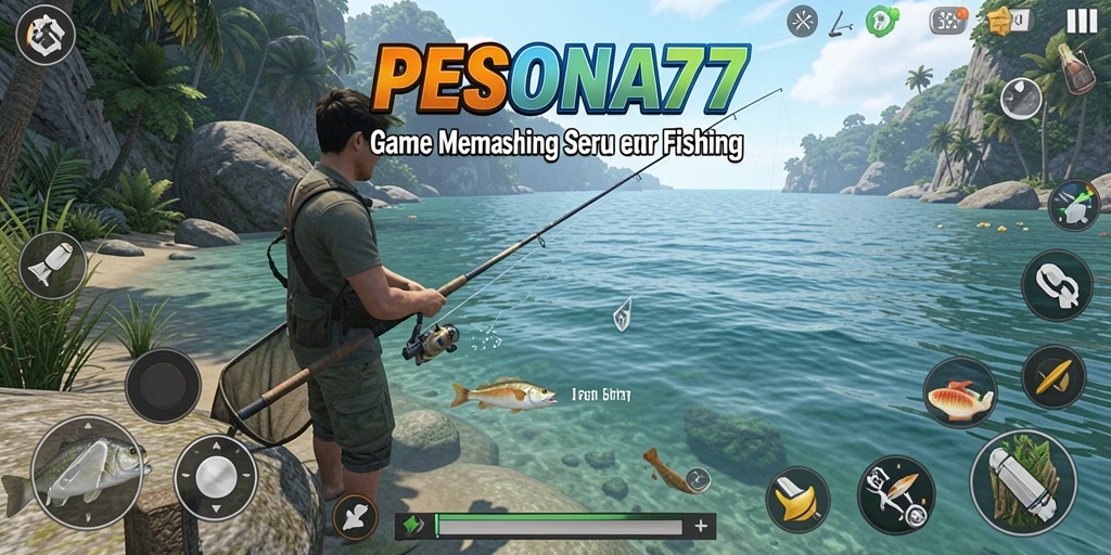 Screenshot utama PESONA77 menampilkan pemain sedang memancing di danau yang indah.